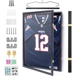 Jersey Frame Display Case - Solid Oak Wood Frame Shadow Boxes for Jersey Display Lockable with UV Protection Acrylic and 2 Hangers for Baseball Basketball Football Hockey Shirt, Black in Kuwait