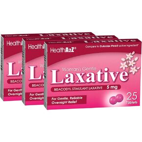 HealthA2Z® Woman's Gentle Laxative | Bisacodyl Stimulant Laxative 5mg | Constipation Relief | Gentle and Reliable | Overnight Relief (3 pack x 25 tablest each (75 total))