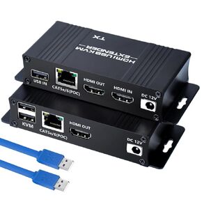 164FT HDMI KVM USB Extender- HDMI to RJ45 Over Cat5e/6/7 1080P@60hz KVM Extender HDMI Over Ethernet Transmitter Receiver Support Keyboard Mouse USB Control No Latency POC Function Single Power Supply