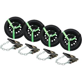 munirater 4 Pack Green General Tie Down with Snap Hooks Chain Anchors Lasso Style Wheel Chock Tie Down Strap Kit 3,300 Pound Working Load 2 Inch x 96 Inch