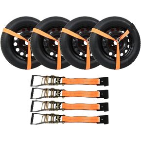 munirater Universal Automobile Green Tie Down Kit with Flat Hooks Lasso Style 4 Pack Wheel Tie Down Straps 3,300 Pound Working Load 2 Inch x 96 Inch