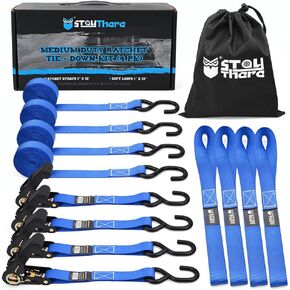 Stay There Ratchet Tie Down Straps 1'' x15', Ratchet Straps with S Hook - 1760lb Break Strength for Securing Motorcycle, Kayak, Truck with Rubber Handles, A Sturdy Bonus Bag & 4 Soft Loops Included