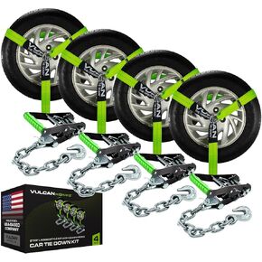 VULCAN Car Tie Down with Snap Hooks - Lasso Style - 2 Inch x 96 Inch - 4 Pack - High-Viz - 3,300 Pound Safe Working Load