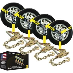 VULCAN Car Tie Down with Snap Hooks - Lasso Style - 2 Inch x 96 Inch - 4 Pack - High-Viz - 3,300 Pound Safe Working Load
