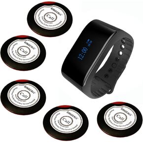 SINGCALL Wireless Calling System Waiter Service System, for Bank Restaurant Cafe Restaurant Hospital Factory Office, 5 Call Buttons 1 Waterproof Mobile Watch Receiver