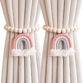 2 Pieces Wooden Beaded Curtain Tiebacks, Tassel Curtain Buckles Magnetic Curtain Buckles, Rainbow Tassel Curtain Tiebacks No Punch Decoration (Blue)