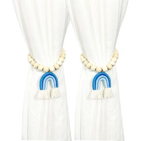 2 Pieces Wooden Beaded Curtain Tiebacks, Tassel Curtain Buckles Magnetic Curtain Buckles, Rainbow Tassel Curtain Tiebacks No Punch Decoration (Blue)
