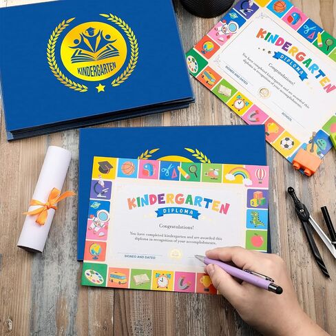 20 Set Kindergarten Diplomas Kit Graduation Certificate Holders and Gold Foil Diploma Holder Classic Cute Diploma Paper Blue Cardstock Diploma Cover Certificate Folders for Kids School Classroom in Saudi Arabia