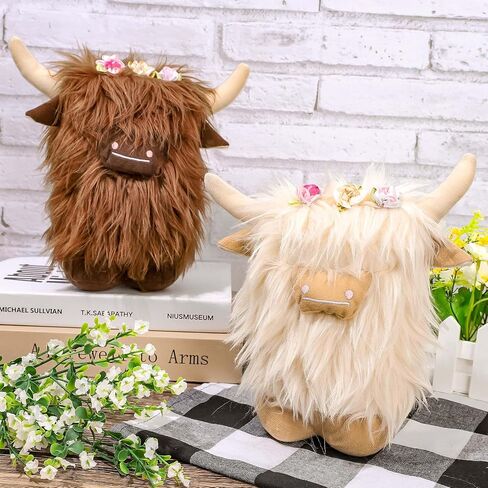 Highland Cow Gnomes Brown Cream Scottish Highland Cow Tomte Decors with Flower Little Calf Nordic Dwarf for Farmhouse Home Collection Dolls Travel Gift, Set of 2 in Saudi Arabia