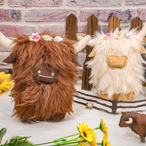 Highland Cow Gnomes Brown Cream Scottish Highland Cow Tomte Decors with Flower Little Calf Nordic Dwarf for Farmhouse Home Collection Dolls Travel Gift, Set of 2 in Saudi Arabia
