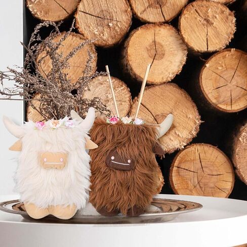 Highland Cow Gnomes Brown Cream Scottish Highland Cow Tomte Decors with Flower Little Calf Nordic Dwarf for Farmhouse Home Collection Dolls Travel Gift, Set of 2 in Saudi Arabia