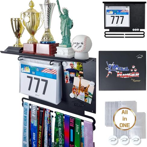 عرض مريلة السباق وشماعة الميداليات مع رف جوائز مقاس 15.7 بوصة، ولوحة عرض الصور - عرض لأكثر من 50 ميدالية وأكثر من 40 مريلة سباق - تتضمن 3 مغناطيسات للصور، و20 حامل صدرية، 2 د.أ أسود (أسود) in Kuwait