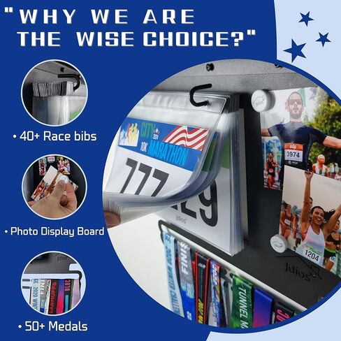 عرض مريلة السباق وشماعة الميداليات مع رف جوائز مقاس 15.7 بوصة، ولوحة عرض الصور - عرض لأكثر من 50 ميدالية وأكثر من 40 مريلة سباق - تتضمن 3 مغناطيسات للصور، و20 حامل صدرية، 2 د.أ أسود (أسود) in Kuwait