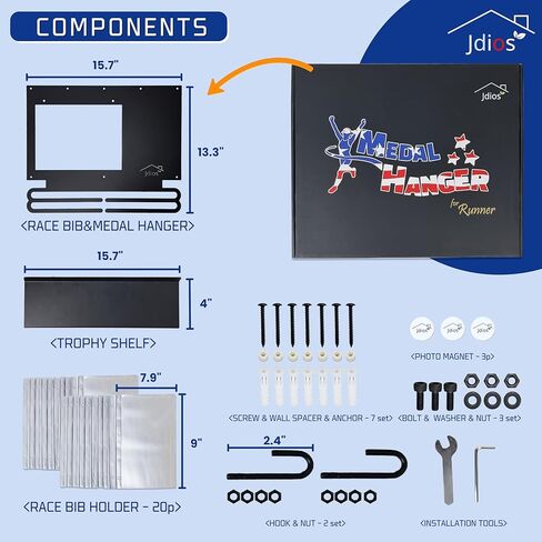 عرض مريلة السباق وشماعة الميداليات مع رف جوائز مقاس 15.7 بوصة، ولوحة عرض الصور - عرض لأكثر من 50 ميدالية وأكثر من 40 مريلة سباق - تتضمن 3 مغناطيسات للصور، و20 حامل صدرية، 2 د.أ أسود (أسود) in Kuwait