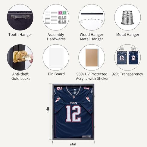 حافظة عرض بإطار جيرسي - صناديق ظلال بإطار من خشب البلوط الصلب لعرض جيرسي قابلة للقفل مع حماية من الأشعة فوق البنفسجية من الأكريليك و2 شماعات لقميص البيسبول وكرة السلة وكرة القدم والهوكي، أسود in Kuwait