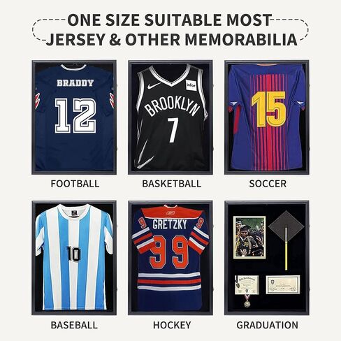 حافظة عرض بإطار جيرسي - صناديق ظلال بإطار من خشب البلوط الصلب لعرض جيرسي قابلة للقفل مع حماية من الأشعة فوق البنفسجية من الأكريليك و2 شماعات لقميص البيسبول وكرة السلة وكرة القدم والهوكي، أسود in Kuwait