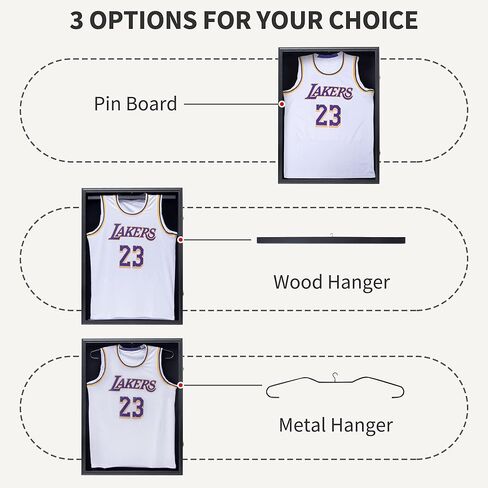 حافظة عرض بإطار جيرسي - صناديق ظلال بإطار من خشب البلوط الصلب لعرض جيرسي قابلة للقفل مع حماية من الأشعة فوق البنفسجية من الأكريليك و2 شماعات لقميص البيسبول وكرة السلة وكرة القدم والهوكي، أسود in Kuwait