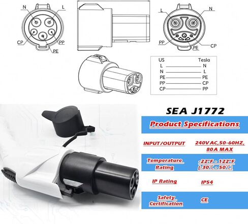 محول J1772 إلى Tesla، 80A/240V AC، محول شاحن SAE J1772 متوافق مع الطراز 3/Y/S/X [معتمد للسلامة]، محول شاحن SAE J1772 EV لسيارات Tesla فقط in Kuwait