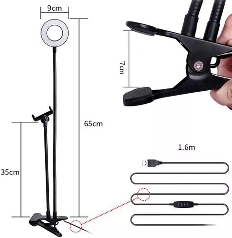 2 في 1 LED ملء ضوء حامل الهاتف الخليوي ماكياج ضوء بث مباشر مشبك قابل للتعديل مصباح مكتبي LED Selfie Ring Light in Saudi Arabia