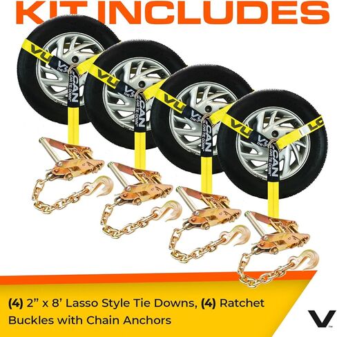 VULCAN Car Tie Down with Snap Hooks - Lasso Style - 2 Inch x 96 Inch - 4 Pack - High-Viz - 3,300 Pound Safe Working Load in Kuwait