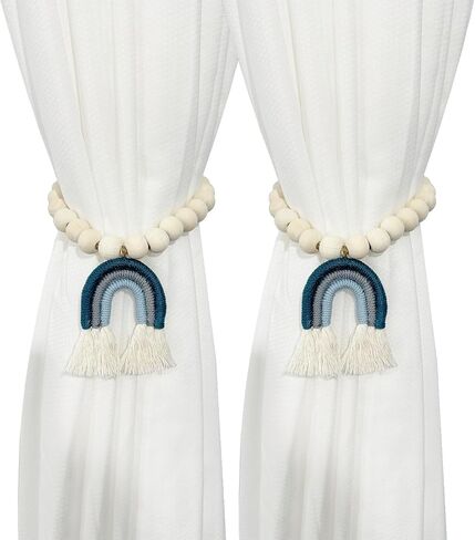 2 Pieces Wooden Beaded Curtain Tiebacks, Tassel Curtain Buckles Magnetic Curtain Buckles, Rainbow Tassel Curtain Tiebacks No Punch Decoration (Blue) in Saudi Arabia