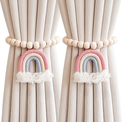 2 Pieces Wooden Beaded Curtain Tiebacks, Tassel Curtain Buckles Magnetic Curtain Buckles, Rainbow Tassel Curtain Tiebacks No Punch Decoration (Blue) in Saudi Arabia