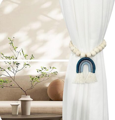 2 Pieces Wooden Beaded Curtain Tiebacks, Tassel Curtain Buckles Magnetic Curtain Buckles, Rainbow Tassel Curtain Tiebacks No Punch Decoration (Blue) in Saudi Arabia