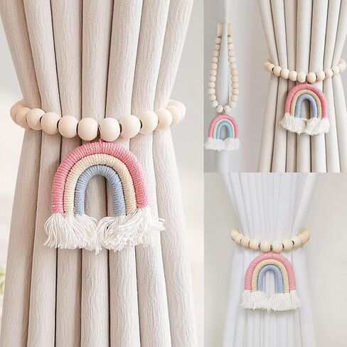 2 Pieces Wooden Beaded Curtain Tiebacks, Tassel Curtain Buckles Magnetic Curtain Buckles, Rainbow Tassel Curtain Tiebacks No Punch Decoration (Blue) in Saudi Arabia