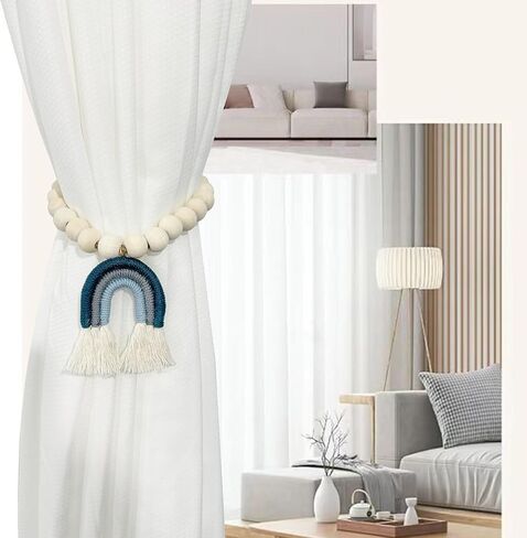 2 Pieces Wooden Beaded Curtain Tiebacks, Tassel Curtain Buckles Magnetic Curtain Buckles, Rainbow Tassel Curtain Tiebacks No Punch Decoration (Blue) in Saudi Arabia