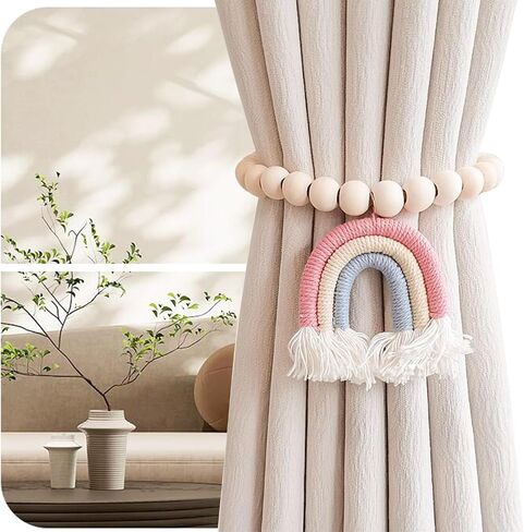 2 Pieces Wooden Beaded Curtain Tiebacks, Tassel Curtain Buckles Magnetic Curtain Buckles, Rainbow Tassel Curtain Tiebacks No Punch Decoration (Blue) in Saudi Arabia