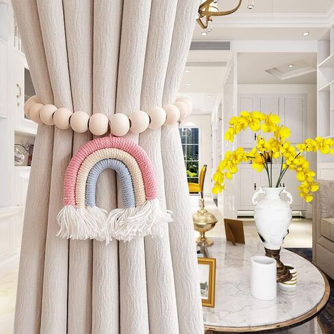 2 Pieces Wooden Beaded Curtain Tiebacks, Tassel Curtain Buckles Magnetic Curtain Buckles, Rainbow Tassel Curtain Tiebacks No Punch Decoration (Blue) in Saudi Arabia