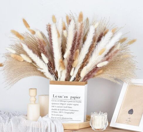 DearHouse 125 قطعة من باقة عشب بامباس الطبيعية المجففة، باقة بوهو لديكور المنزل مقاس 17 بوصة، زهور فراغميت المجففة، باقة لترتيبات زهور الزفاف وديكورات المنزل in Kuwait