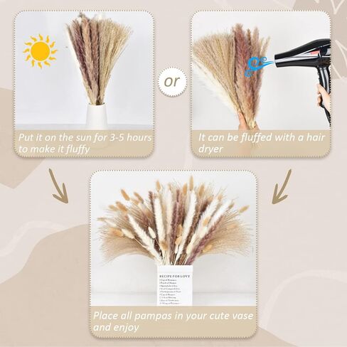 DearHouse 125 قطعة من باقة عشب بامباس الطبيعية المجففة، باقة بوهو لديكور المنزل مقاس 17 بوصة، زهور فراغميت المجففة، باقة لترتيبات زهور الزفاف وديكورات المنزل in Kuwait