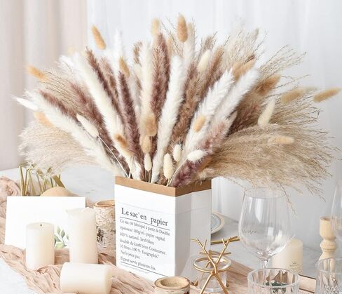 DearHouse 125 قطعة من باقة عشب بامباس الطبيعية المجففة، باقة بوهو لديكور المنزل مقاس 17 بوصة، زهور فراغميت المجففة، باقة لترتيبات زهور الزفاف وديكورات المنزل in Kuwait