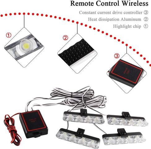 KaiDengZhe 4x4 LED 4 in 1 Surface Mount Grill Light DC12V Remote Emergency Flashing Beacon Lamp Ambulance Police Light Strobe Warning External Light For Truck Trailer Caravan Van (White) in Kuwait