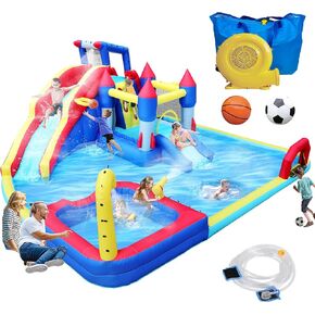 Inflatable Water Slide, 19x17x8 Ft 10 in 1 Water Park Bounce House with 650W Blower, Dual Splash Pool, Water Cannon, Basketball & Soccer, Water Slides Bouncy Castle for 3-10 Kids Outdoor Backyard