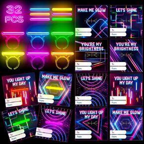 32 Packs Valentine Day Glow in the Dark LED Light Up Sticks Rings Fun Party Favors for Kids Birthday Decorations School Classroom Prizes Surprise Toys and Novelty Gifts Supplies