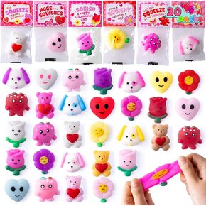 JOYIN 30 Packs Gift Cards with Mochi Squishy Toys, Kawaii Squeeze Toys with 6 Design Hangers, Stress Relief Fidget for Kids Party Favors, School Classroom Exchange