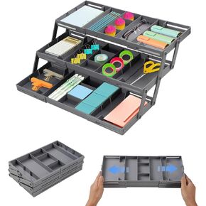 Smart Drawer Organizer Multi Level, 3 Drawer Storage Organizer，Adjustable Folding Junk Drawer Organizer For Kitchen, Bathroom, Office, And Bedroom – Space-Saving Makeup Organizer For Drawer(Grey)