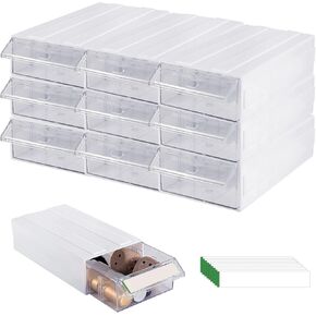 9 Pcs Drawer Stacking Storage Cabinet, with 18 Pcs Clear Dividers Organizer Rack & 9 Pcs Tag Card, Plastic Stacking Storage-in-Drawer Cabinet for Home Office Small Items