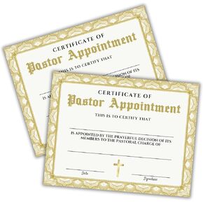 Pastor Appointment Certificate for Church Pastoral Preacher to Frame | 6pk Linen Paper Gold Border Ordination License Male Minister Seal Emeritus Church