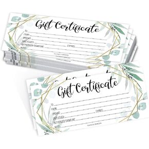Hadley Designs 25 Geometric Greenery Blank Certificates for Small Business-Paper Voucher for Massage, Hair & Nail Salon Spa, Restaurants, and DIY Coupon Cards for Birthday, Valentines Day-4x9