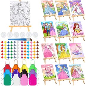 Ireer 12 Sets Kids Paint Party Kits تشمل 12 لوحة قماشية مسبقة الأميرة مع لوحات الرسم 12 Easels 12 مجموعة فرش ودهانات أكريليك 12 لوحة 12 مآزرًا للهدية عيد ميلاد الأميرة