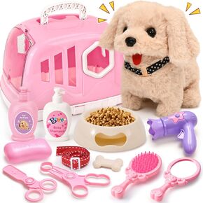 G.C Dog Toys for Girls Kids, Walking Barking Electronic Interactive Plush Puppy Toy with Carrier & Accessories Toddlers Pretend Play Pet Care Playset, Gifts for Little Girls 3 4 5 6 Year Old