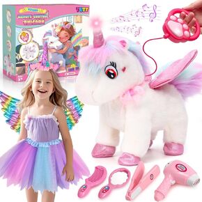 Walking Talking Remote Control Unicorn Toy for Girl Age 4-6, Electronic Interactive Plush Unicorn with Leash & Costume, Pretend Play Pet Care Toy Birthday Gift for Toddler Kid Girl Age 3 4 5 6 7