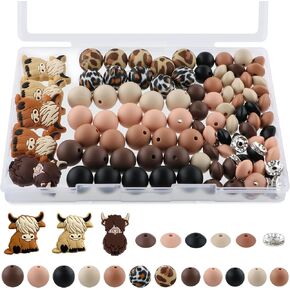 100PCS Silicone Beads Set, Lentil Rhinestone Spacer Print Silicone Beads 15mm and 12mm for Pens and Keychain Making（Brown Cow）