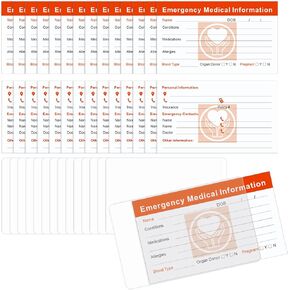 50 Pcs Emergency Medical Information ID Card Bright Red Emergency Contact Medication List Card with 50 Pcs 2.13 x 3.54 Inch Sleeves for Family Members Like Elderly for Wallet Pocket
