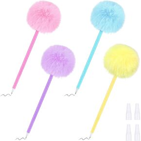 Sibba Pom Pom Pens 4 Pcs Fuzzy Pens Fluffy Ballpoint Pen Cute Writing Ball Pen Correction Supplies Black Ink Permanent Marker Plush Ball Point Pen for Office Girls Valentine's Day (Multicolor)