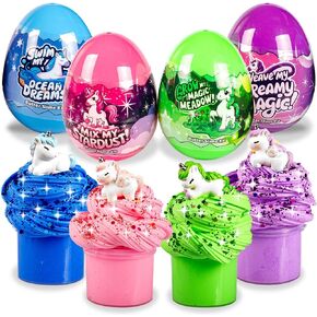 Butter Slime Kit for Kids – 4 Pack Colorful Butter Slimes in Plastic Eggs, Includes Unicorn Figurines & Glitter – Fun DIY Gift, Party Favors, Birthday Gift, Easter Basket Stuffers