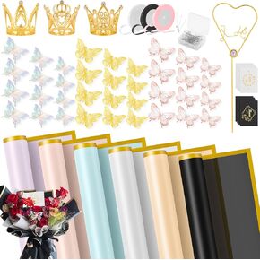 VinTS 167Pcs Floral Bouquet Wrapping Paper Waterproof Flower Wrapping Paper 66 Sheets 6 Colors with Ribbons 3D Butterfly,Golden Crowns for Valentines Florist DIY Project Bouquet Flower